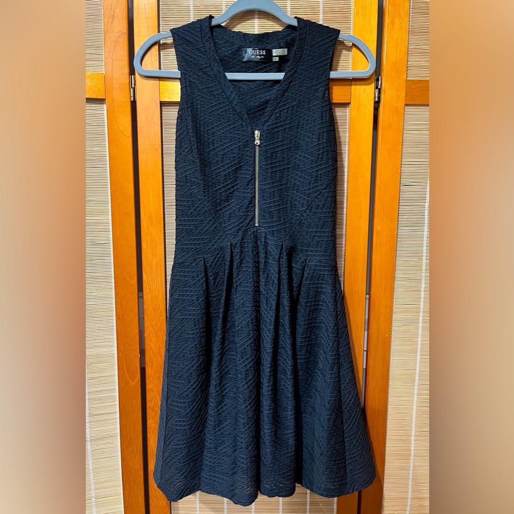 GUESS Corinne black fit & flare with gold front zipper, size 2